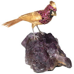 Asprey & Co. Important Natural Ruby Gem Set 18K Gold Cardinal Sculpture  1980