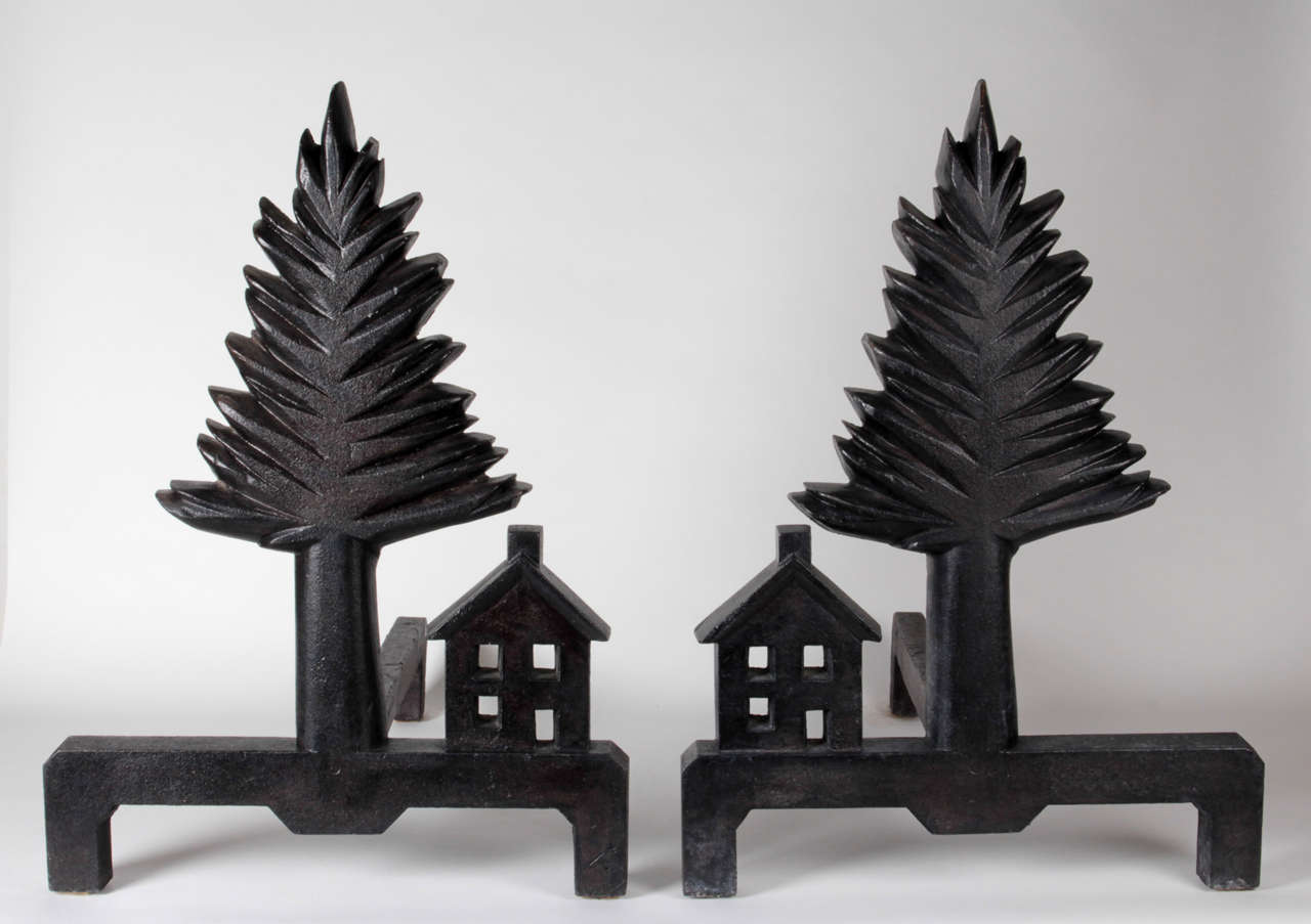 American Folk Art Pine Tree and Shaker Style House Andirons, circa 1920s