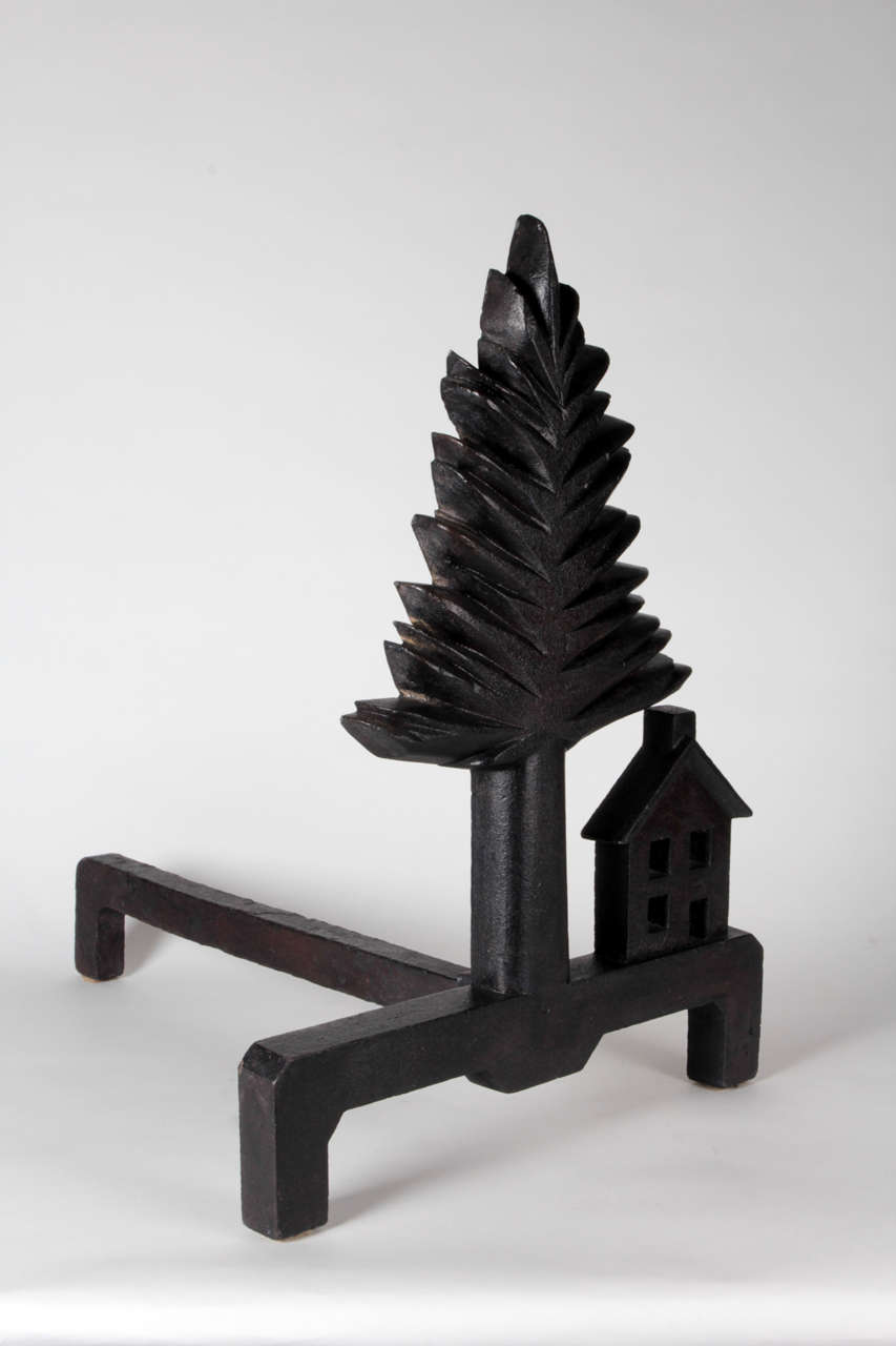 Cast American Folk Art Pine Tree and Shaker Style House Andirons, circa 1920s For Sale