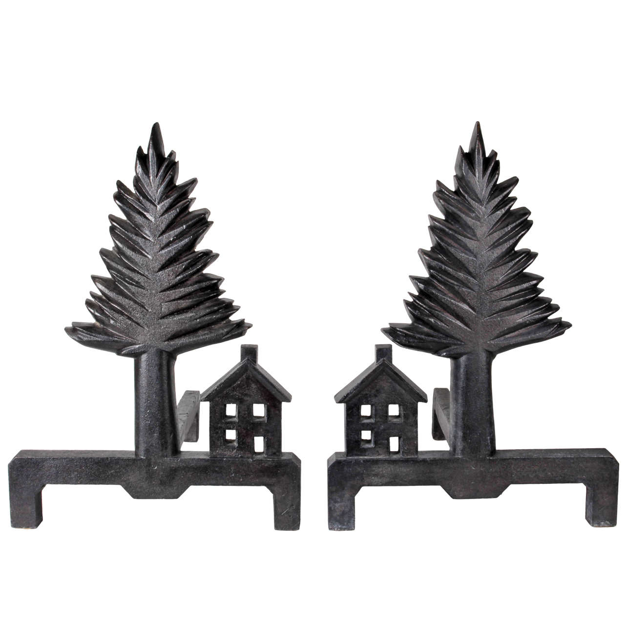 American Folk Art Pine Tree and Shaker Style House Andirons, circa 1920s For Sale