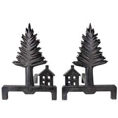 Antique American Folk Art Pine Tree and Shaker Style House Andirons, circa 1920s