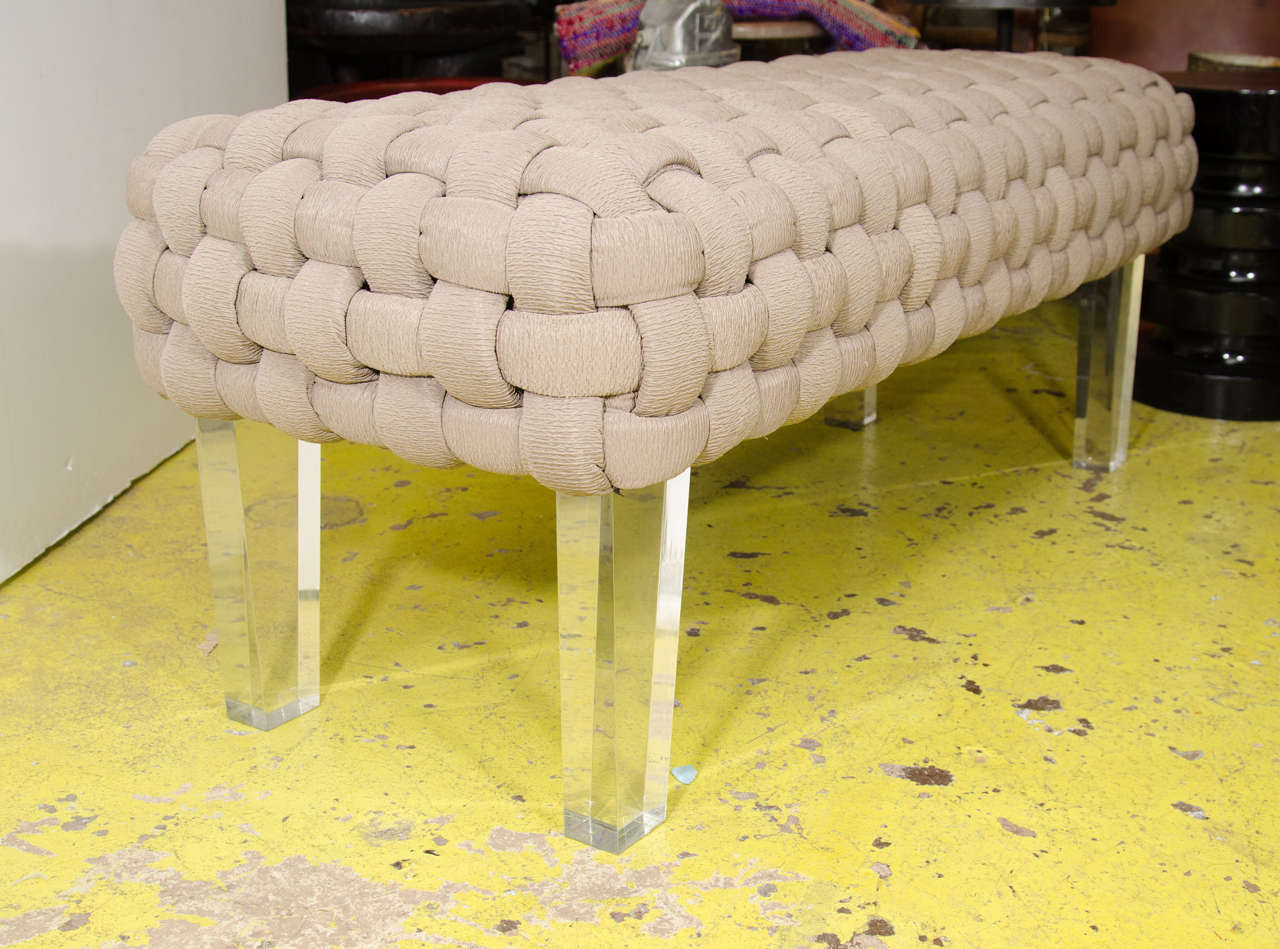 20th Century USA Basket Weave Bench with Lucite Legs