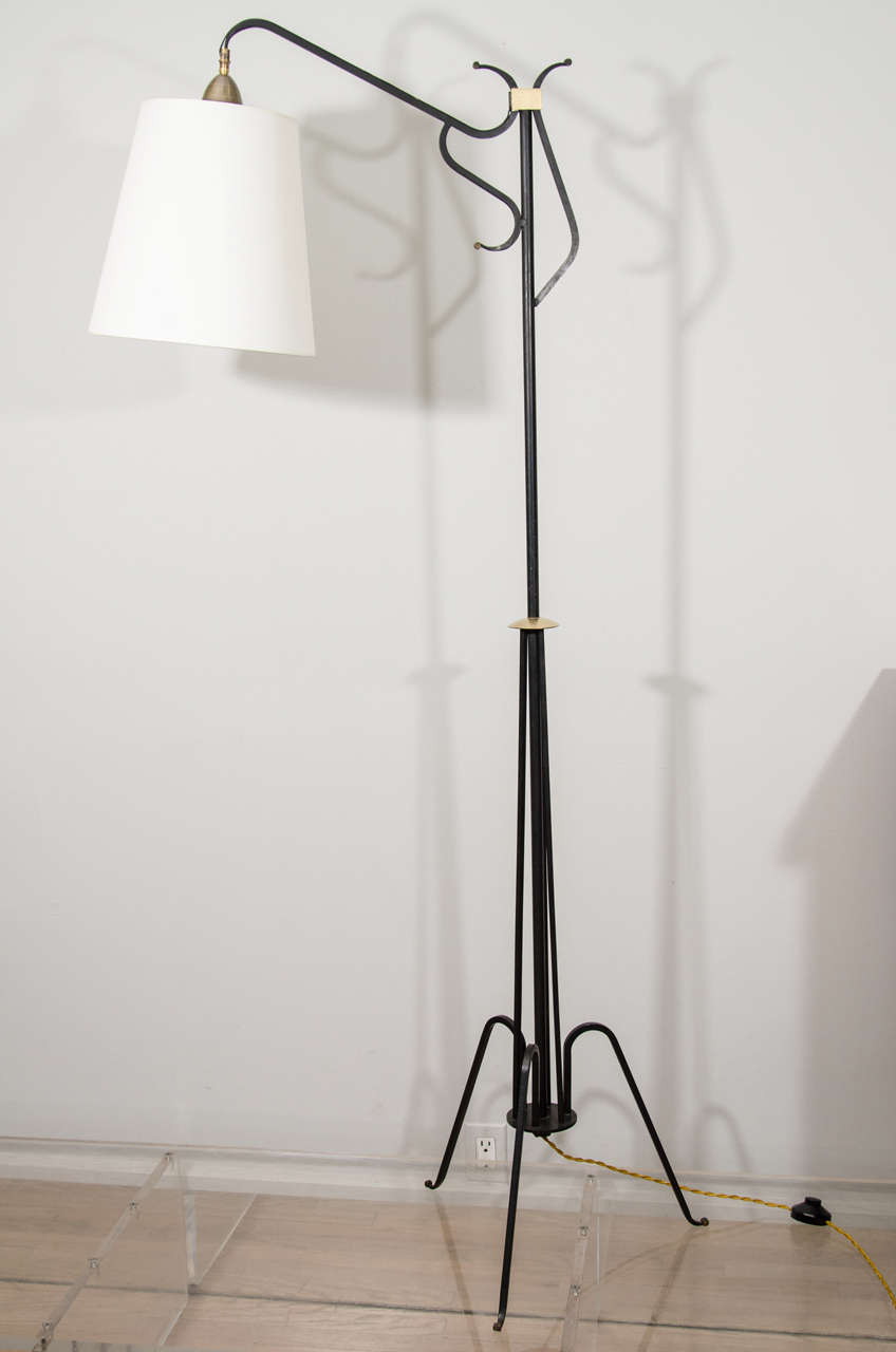 Curvaceous reading lamp in iron with brass details and articulated socket.