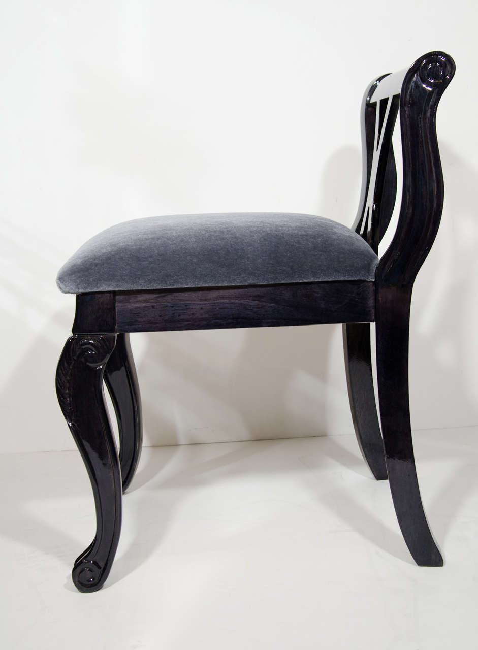 Mid-20th Century Neoclassical Revival Vanity Stool in Ebonized Walnut and Mohair