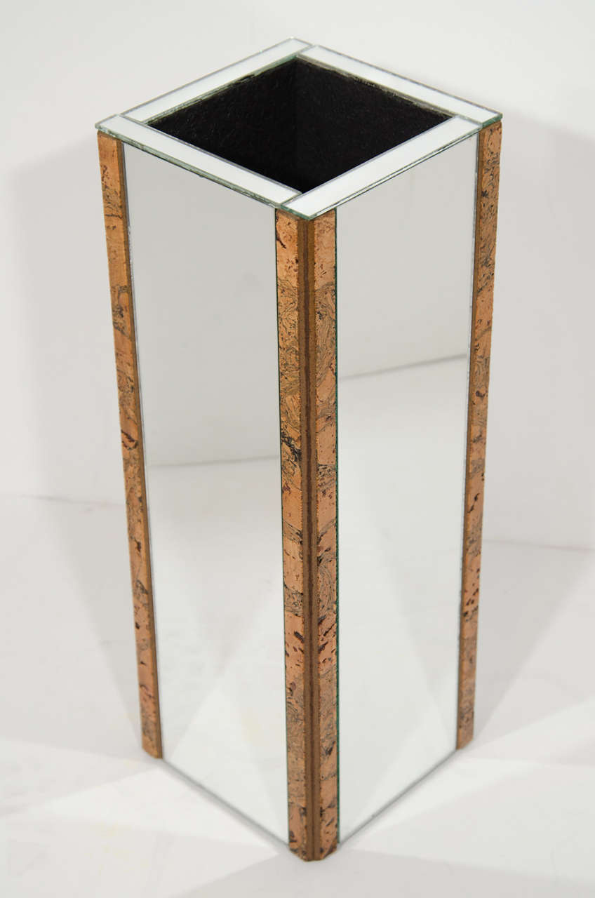 Vintage Mid Century Burled Wood and Mirrored Umbrella Stand