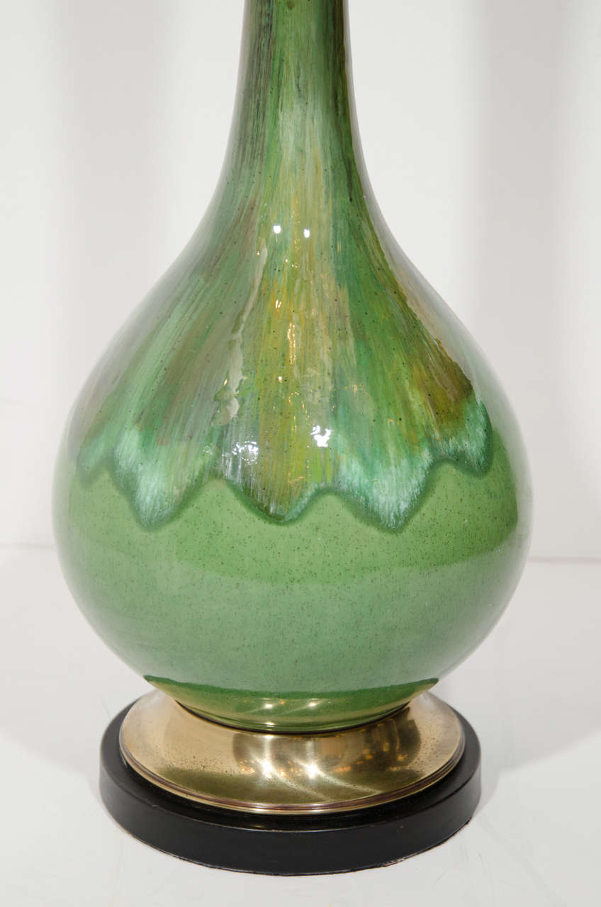Italian Pair of Modern Ceramic Moss Drip Glazed Lamps with Long Neck Design