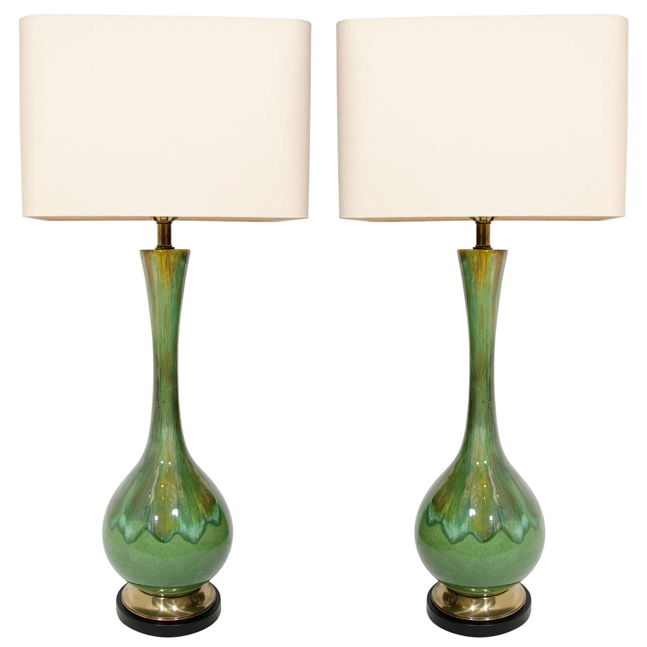 Pair of Modern Ceramic Moss Drip Glazed Lamps with Long Neck Design