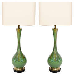 Pair of Modern Ceramic Moss Drip Glazed Lamps with Long Neck Design