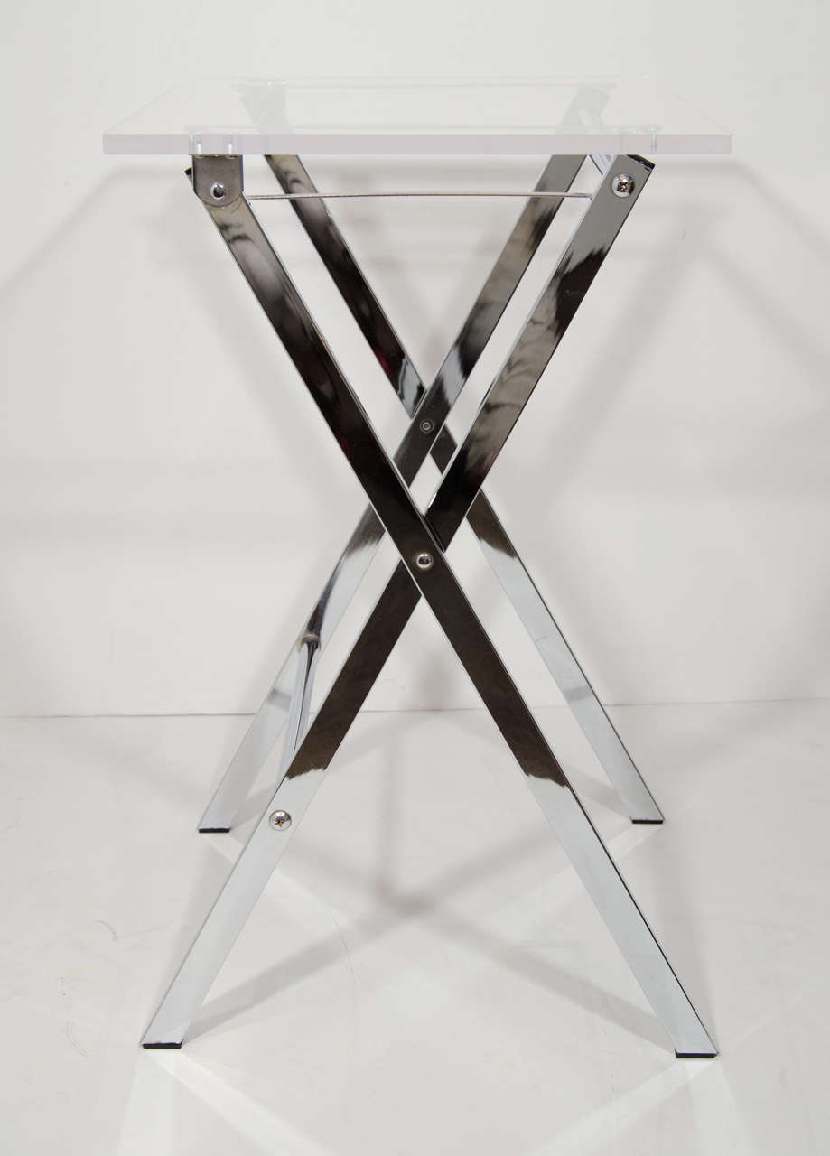 Pair of Vintage Modern Lucite & Chrome Folding Tray Tables In Excellent Condition In Fort Lauderdale, FL