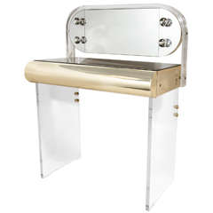 Used Illuminated Vanity Table in Lucite, Brass, & Bronze Mirror