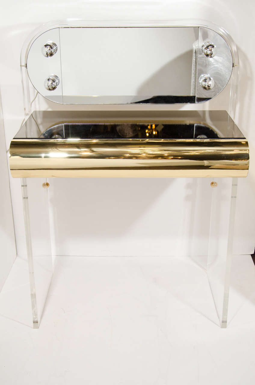 Vintage Illuminated Vanity Table in Lucite, Brass, and Bronze Mirror at