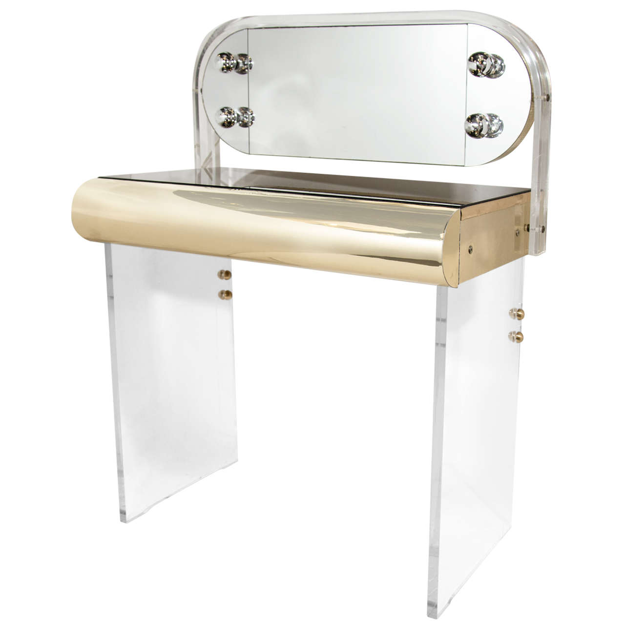 Vintage Illuminated Vanity Table in Lucite, Brass, and Bronze Mirror at