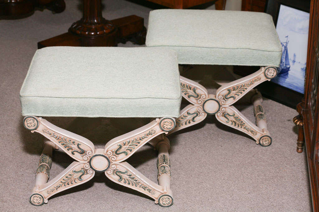 20th Century Pair Of French Empire Style Painted Stools For Sale