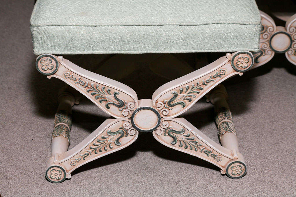 Upholstery Pair Of French Empire Style Painted Stools For Sale