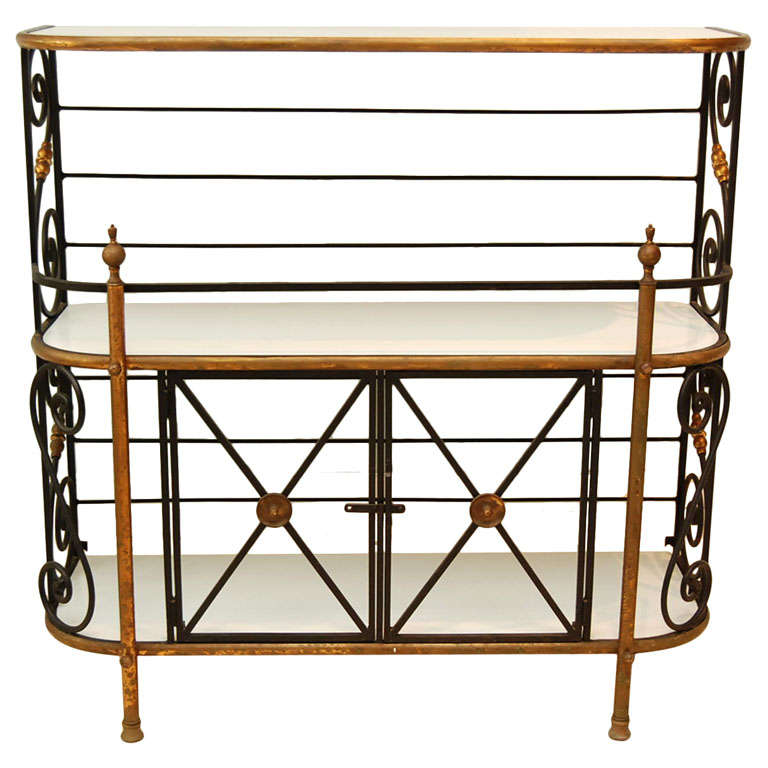 French Iron Bakers Rack with Milk Glass Shelves