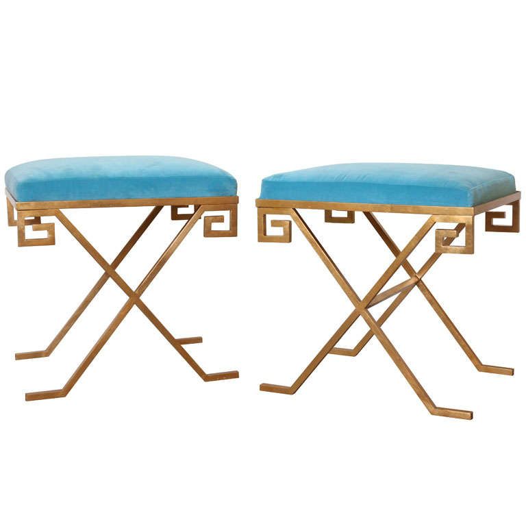 Pair of Custom Greek Key Stools For Sale