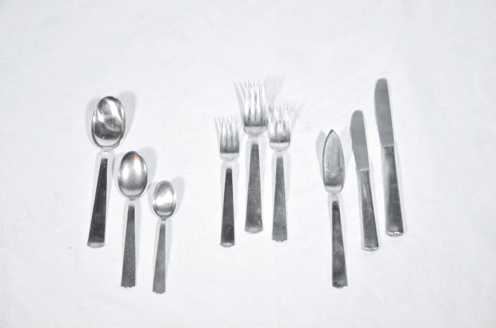 Gio Ponti complete  flatware set  for 6 people (54 pieces)  from the Hotel Parco dei Principi in Rome;stamped with logo PDP;produced By Calderoni Argenterie
 Flatware from the Hotel Parco dei Principi, Roma.
Alpacca.
First designed in 1940, Ponti