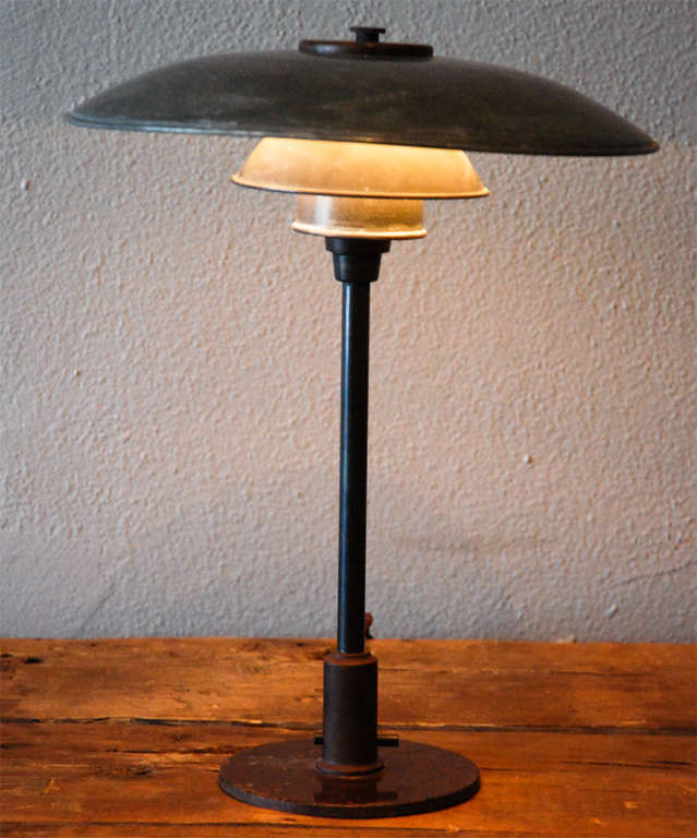 a table lamp by poul henningsen in a nickel-plated finish. small production. patent on inside of shade holder.