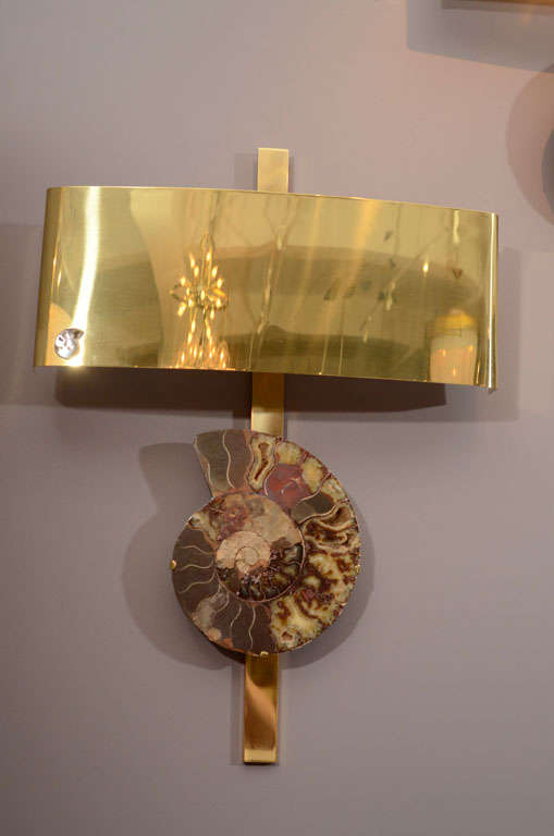 Pair of Important Ammonite and Brass Wall Lights/ Sconces For Sale 2
