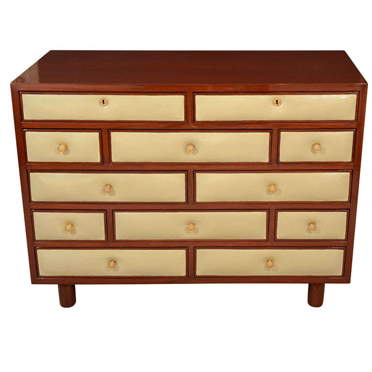 Outstanding Twelve-Drawer Leatherette Front Cabinet attributed to Jansen