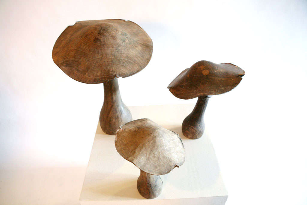 Walnut Three Carved Wood Mushrooms