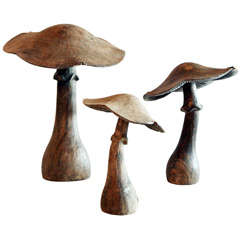 Three Carved Wood Mushrooms