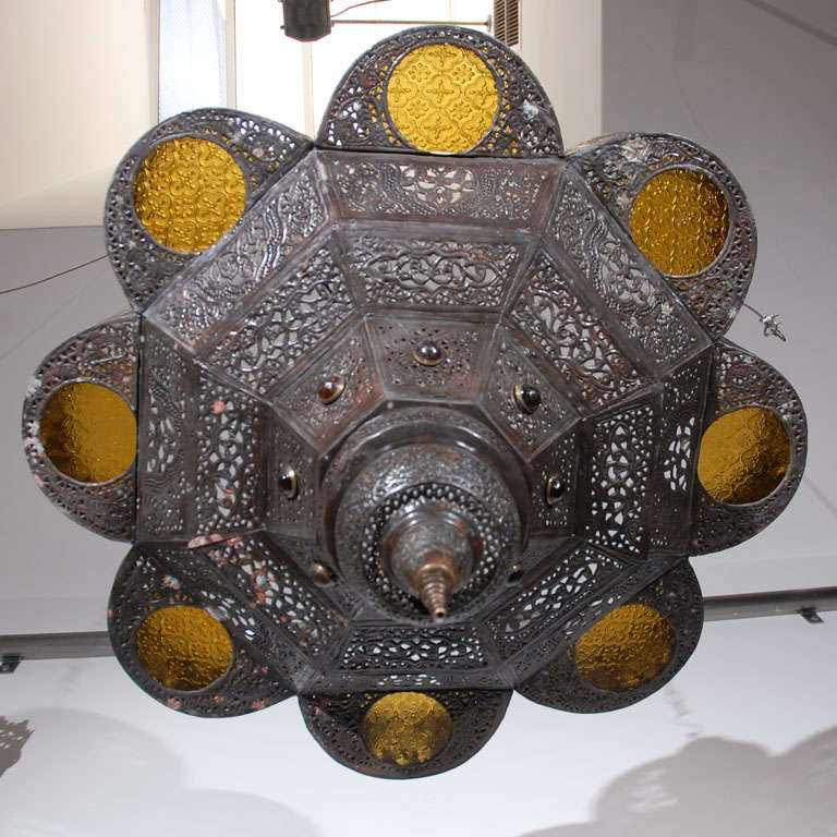 20th Century Moorish, Moroccan Brass and Glass Chandelier