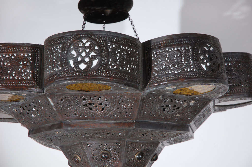 Moorish, Moroccan Brass and Glass Chandelier 3