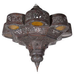 Antique Moorish, Moroccan Brass and Glass Chandelier