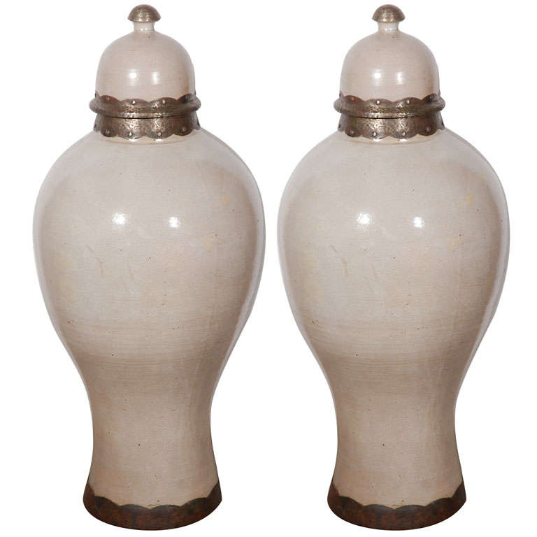 Pair of Moroccan Moorish Olive Jars with Lid from Fez, Ivory Color
