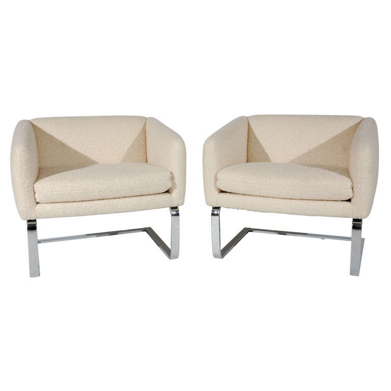 Cantilevered Chrome and Boucle Club Chairs by Selig