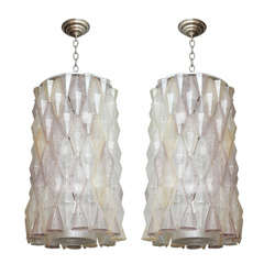 A Pair of Cylindrical Italian Home Bologna Glass Lanterns