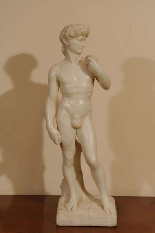 Beautifully carved carrara marble statue of David with incredible detail and very good proportions.