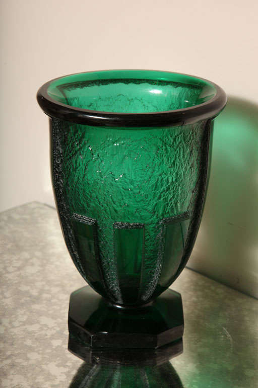 DAUM<br />
French Art Deco Vase c. 1930<br />
Of cubist shape with green, double layer, acid etched glass <br />
10 ¼” height, 7 ½” diameter