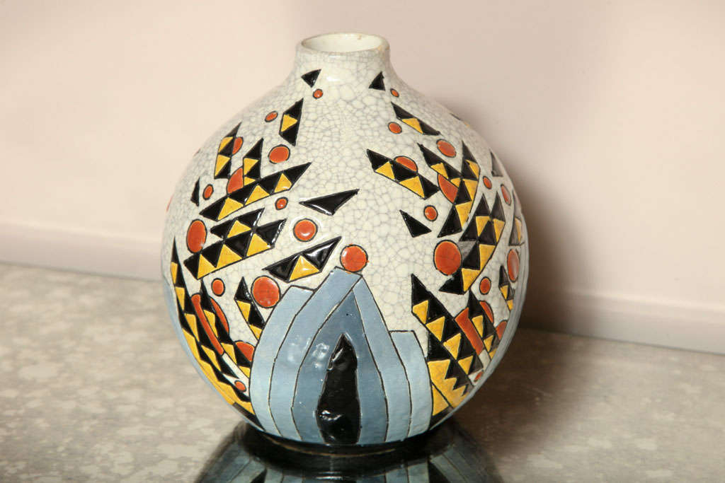 Boch Frères La Louviere (Belgium)<br />
Belgian ceramic vase, decorated with a geometic motif.  <br />
Diameter: 7”  Height: 8”