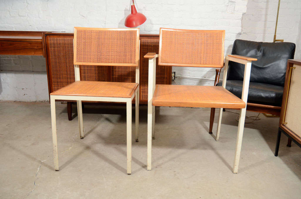 Set of 6 George Nelson dining chairs, Mfg. Herman Miller-1950′s.  2 armchairs and 4 sides with angle steel frames and caned seats/backs.