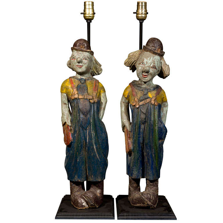 Pr. early 20th century carved carnival clowns For Sale