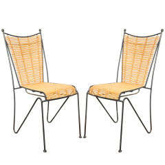 Pair of French Wrought Iron and Rattan Chairs