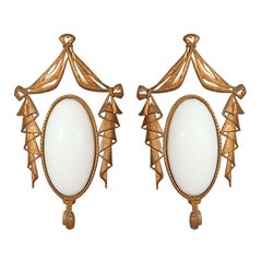 Pair Of Circa 1940 French Glass & Brass Sconces