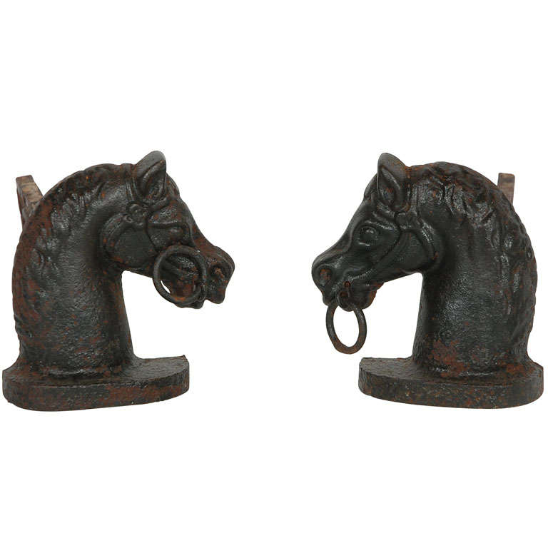 UNUSUAL 19THC HORSE HEAD ANDIRONS/ORIGINAL BLACK PAINTED SURFACE