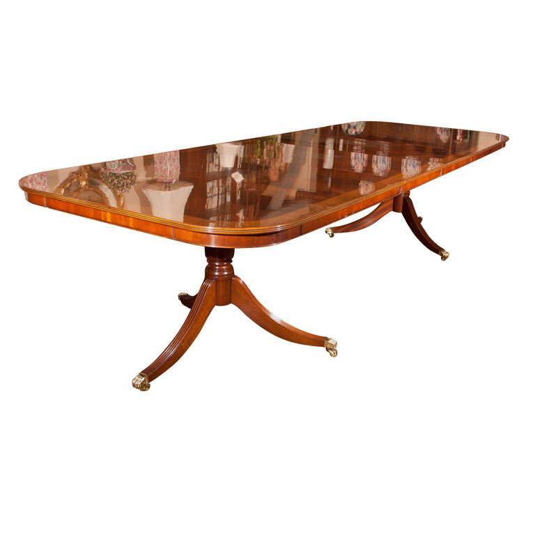 Custom English Flame Mahogany Double Pedestal Dining Table For Sale
