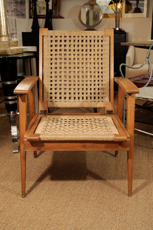 Spanish Pair of Oak Arm Chairs with Woven Cord Seats For Sale