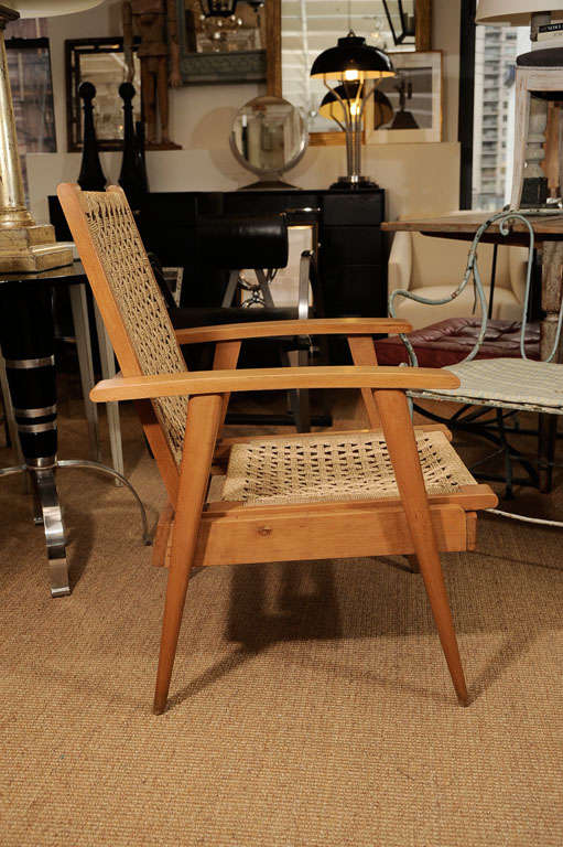 Mid-20th Century Pair of Oak Arm Chairs with Woven Cord Seats For Sale