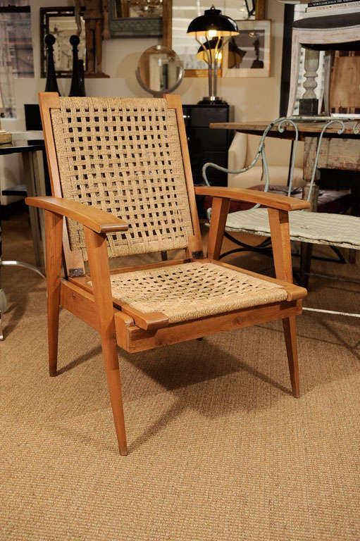 Pair of Oak Arm Chairs with Woven Cord Seats For Sale 3