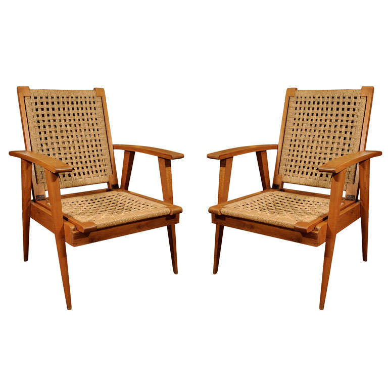 Pair of Oak Arm Chairs with Woven Cord Seats For Sale