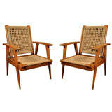 Pair of Oak Arm Chairs with Woven Cord Seats