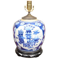 Antique Chinese blue and white ginger jar, electrified