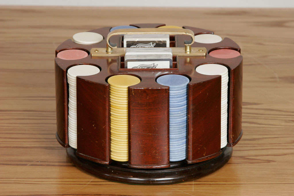 Original Asprey poker chip carousel with complete set of chips. Brass handle tab is  engraved 