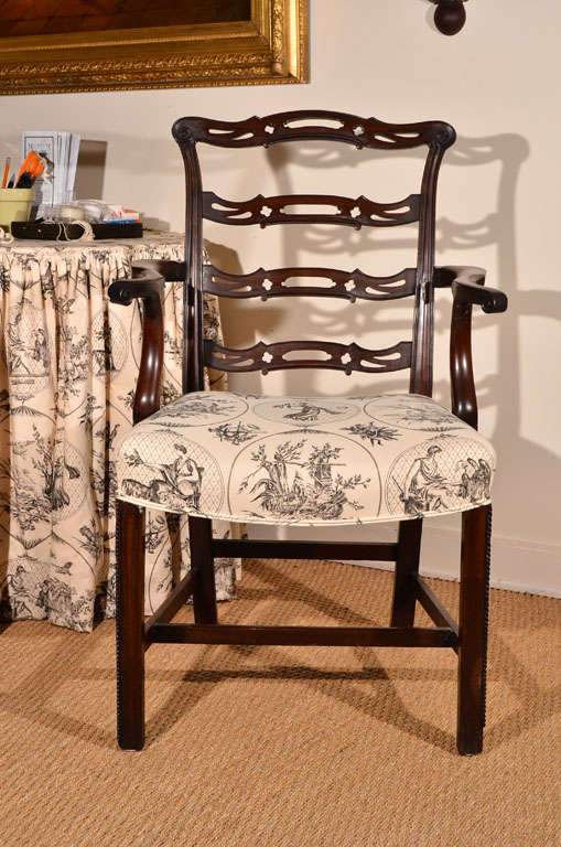 Antique 19th C. English mahogany upholstered arm chair upholstered with black and white toile fabric