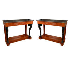 Pair of Empire Style Mahogany Baltic Consoles with Marble Tops